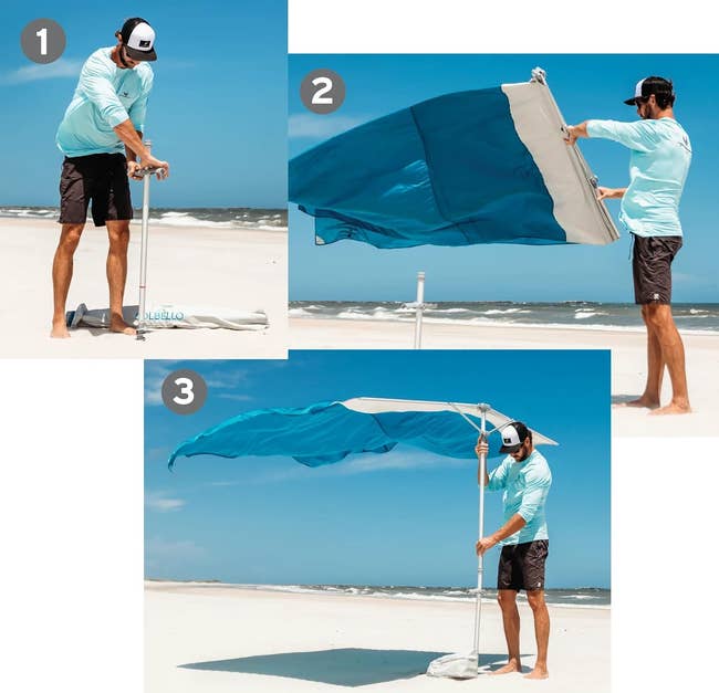 Model demonstrating steps to set up a beach umbrella for wind protection