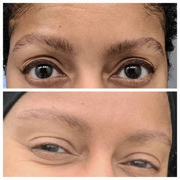 Two close-up images of another reviewer's eyebrows comparing before and after using a serum