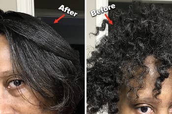 Reviewer's curly hair straightened after and before using product