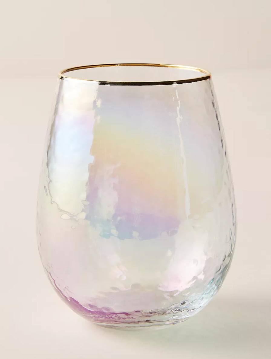 an iridescent stemless wine glass