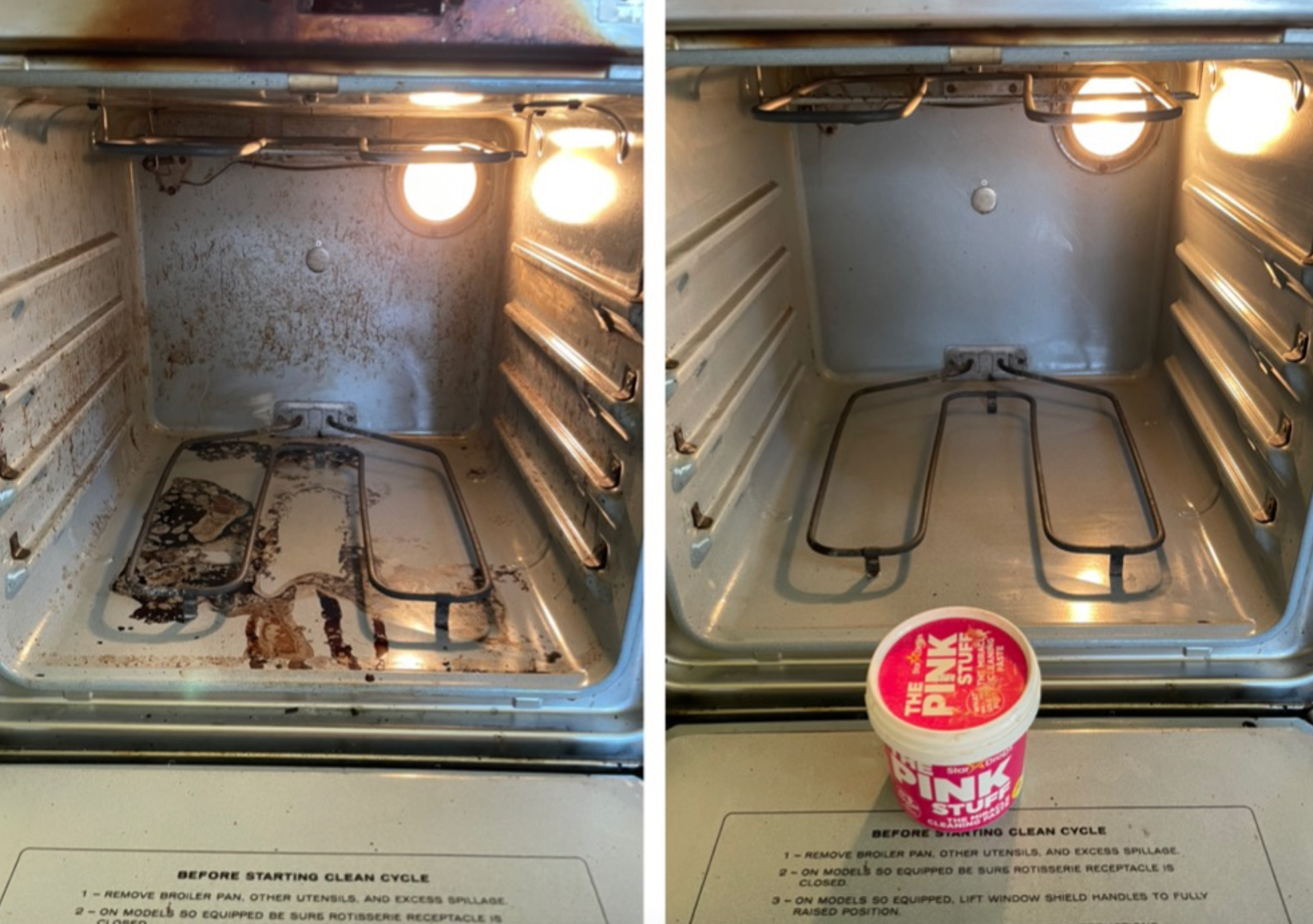 on the left the inside of a reviewer's oven looking dirty and the on the right the same oven now looking clean after using the pink stuff