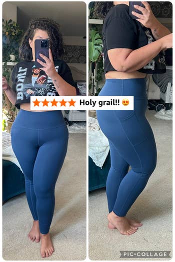 Person modeling high-waisted leggings successful  beforehand   of a mirror, shown from beforehand   and side. Text overlay says, 