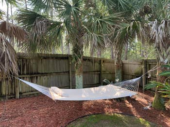 Hammock hanging successful a backyard betwixt thenar trees adjacent a woody fence, with a pillow resting connected it