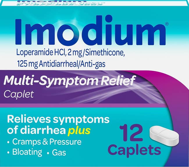 Imodium Multi-Symptom Relief Caplet packaging for diarrhea relief with anti-gas, contains 12 caplets, helps with cramps, pressure, bloating, and gas