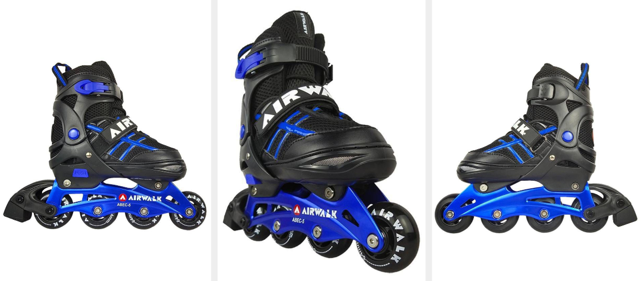 Three images of black and blue kids' inline skates