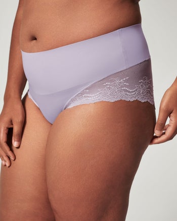 model wearing the high-waisted underwear in lilac