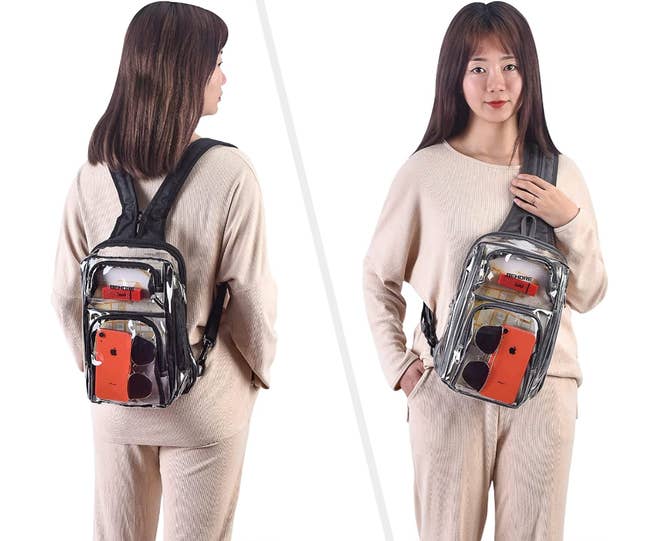 Two images of model wearing black and gray clear backpacks