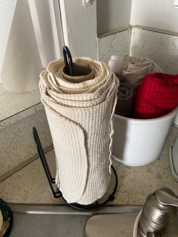 a reviewer shows the cloth towels on a paper towel holder
