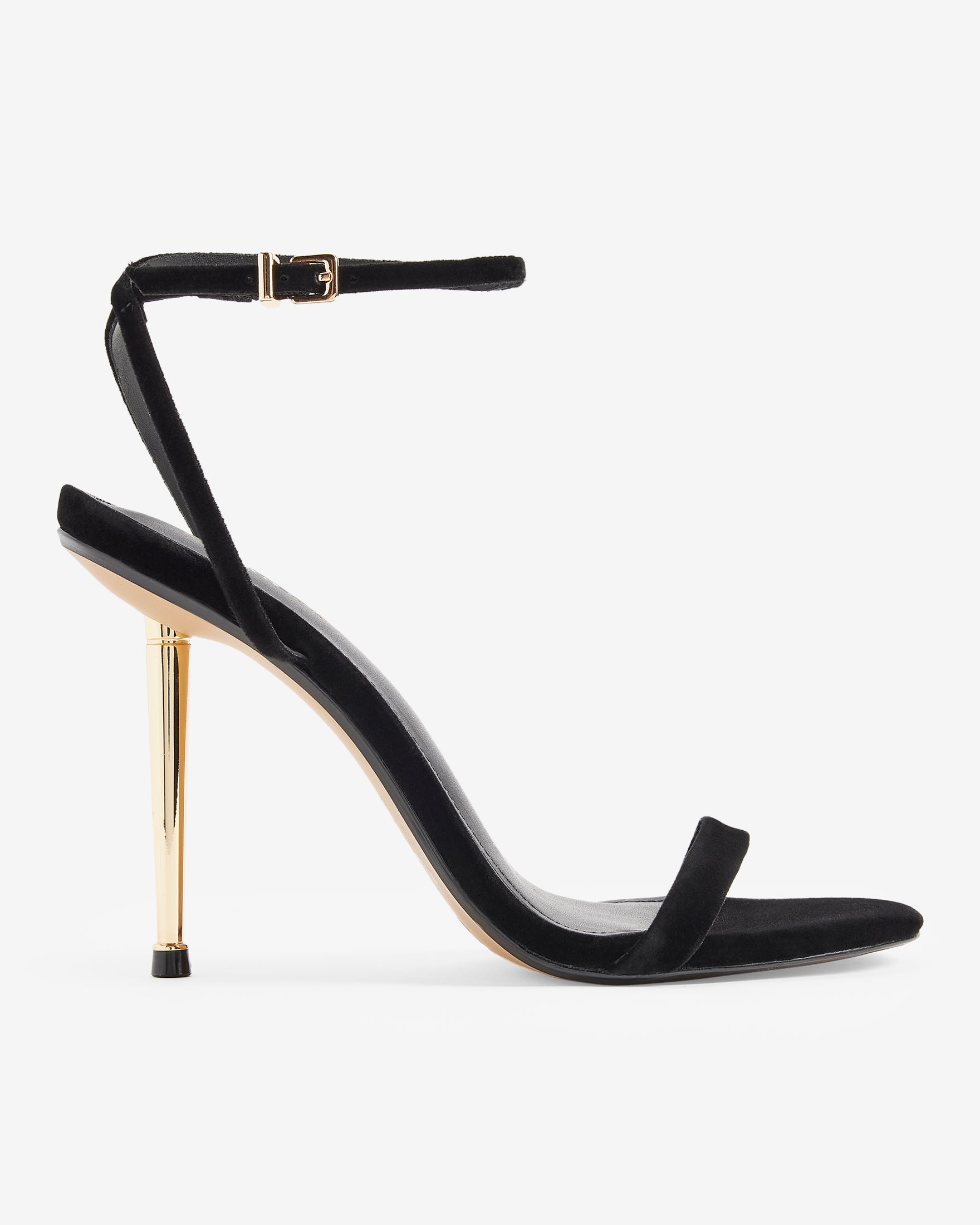Black strappy open-toe shoes with thin gold heel