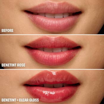 Close-up of lips showing a progression from natural, to tinted with Benetint Rose, and past    glossy with Benetint + Clear Gloss