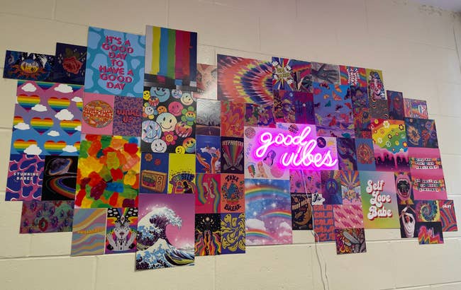 Collage of vibrant, psychedelic posters with assorted  designs and phrases similar  