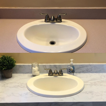 before and after photo of reviewer's bathroom counter with and without the surface cover