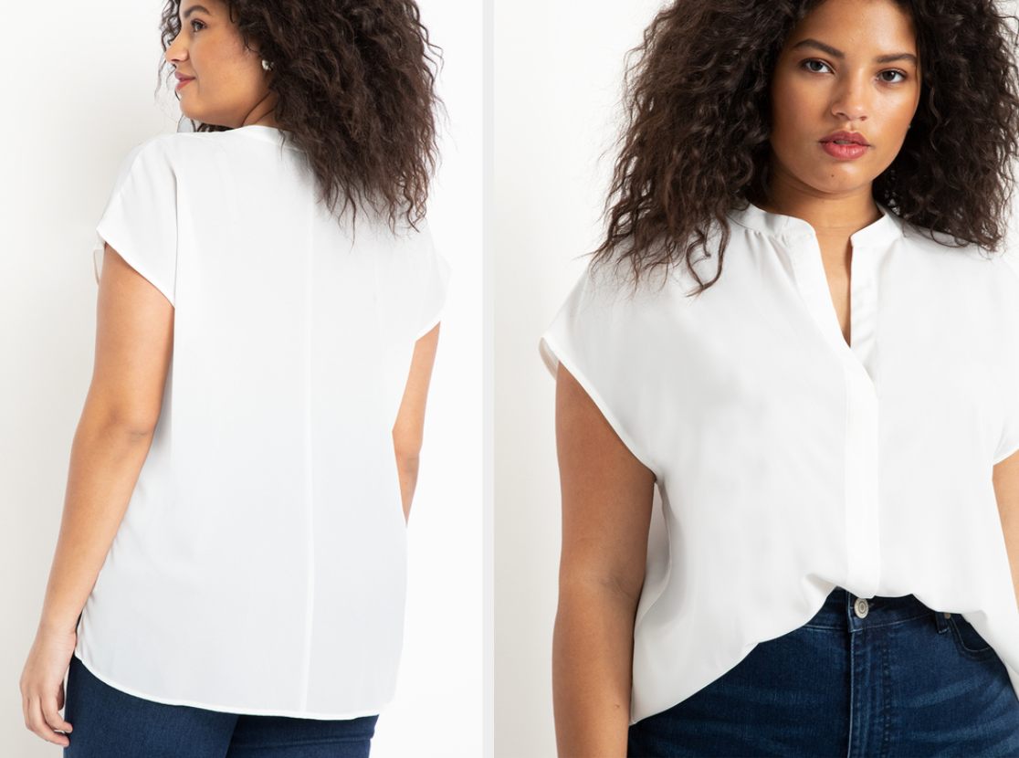 Two images of a model wearing a white short sleeve shirt