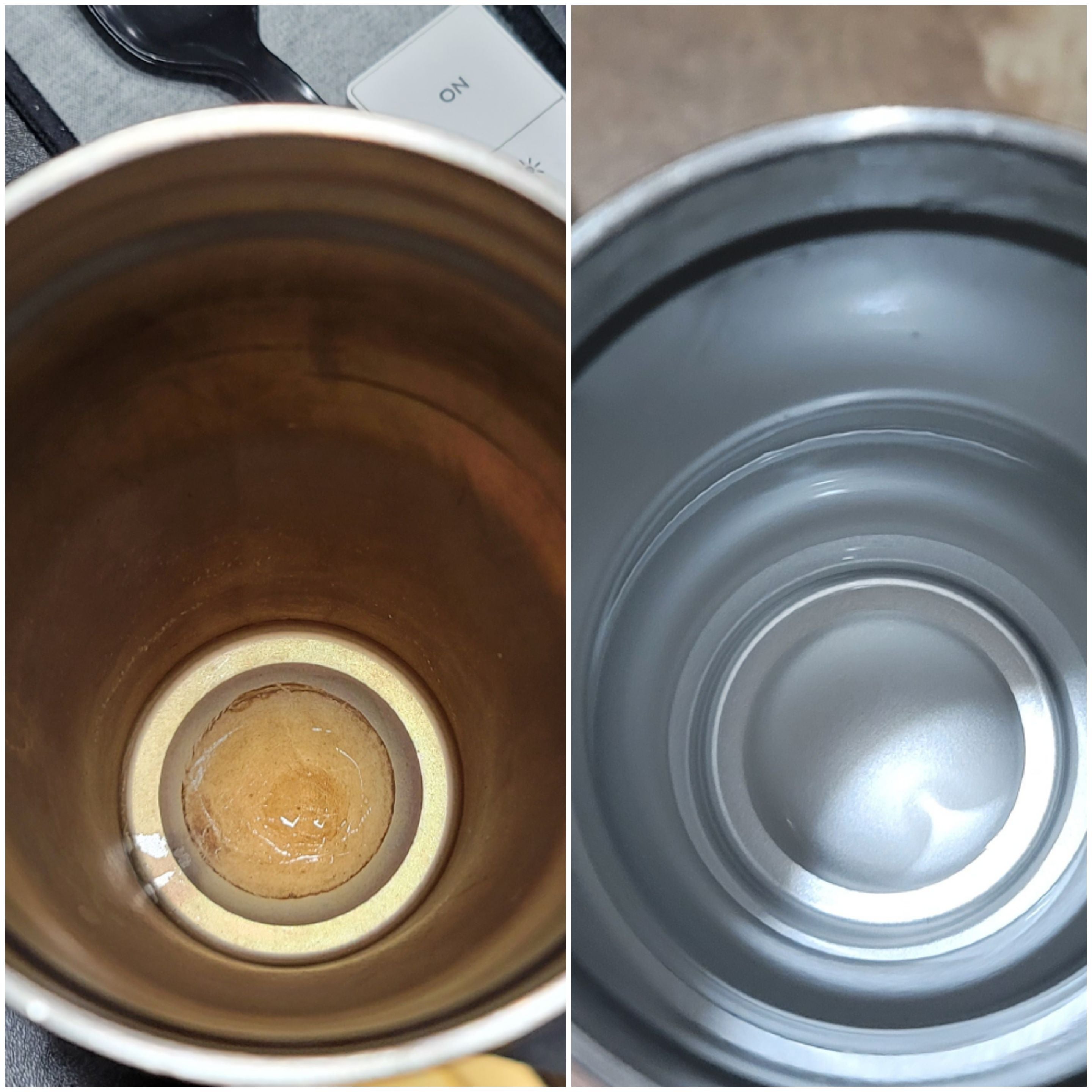 left: brown, dirty bottle / right: sparkling clean bottle