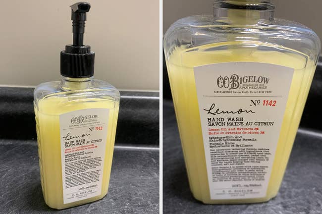Two reviewer images of the yellow soap in clear bottle with white label