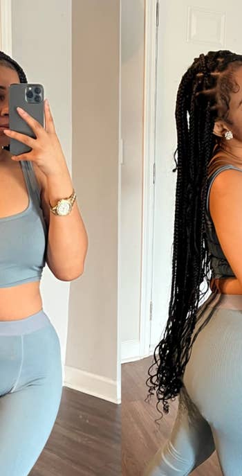 reviewer posing in grey two piece set
