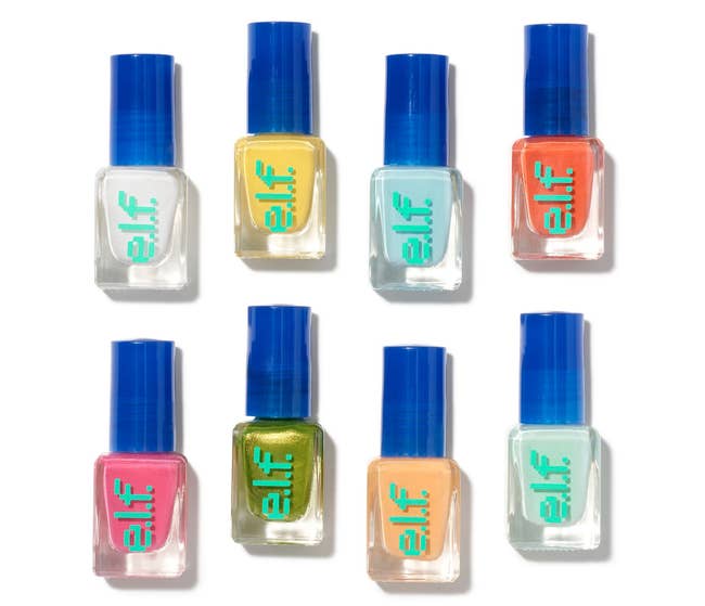 polishes in gaming inspired bottles in white yellow light blue orange pink metallic green peach and pale mint
