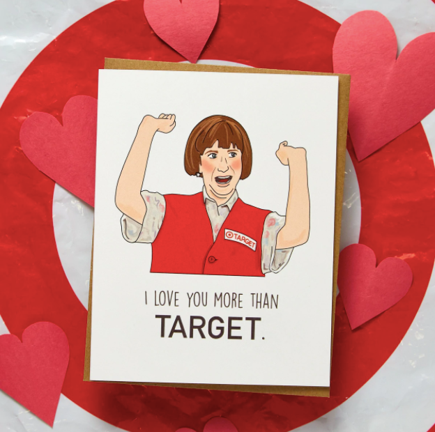 card with illustration of kristen wiig as the target lady and text 