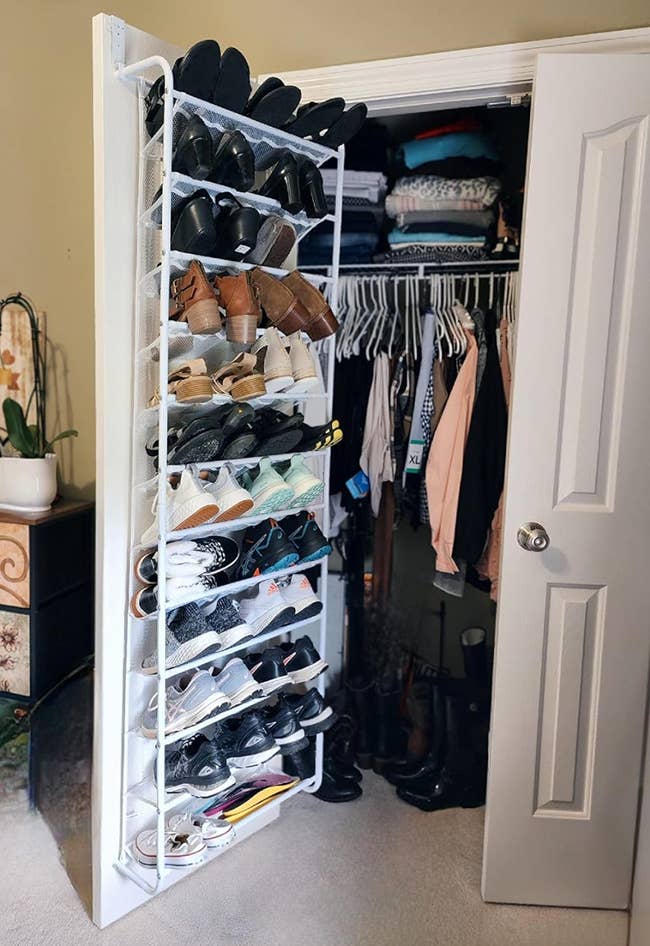 reviewer's shoe rack filled with shoes