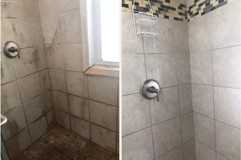 another reviewer photo before showing a filthy shower stall covered in mildew and after the cleaner with no stains or mildew