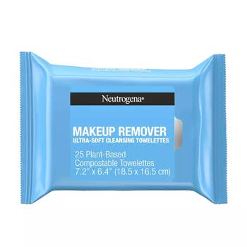 A 25 count of Neutrogena Makeup Removal Wipes in a blue package.  