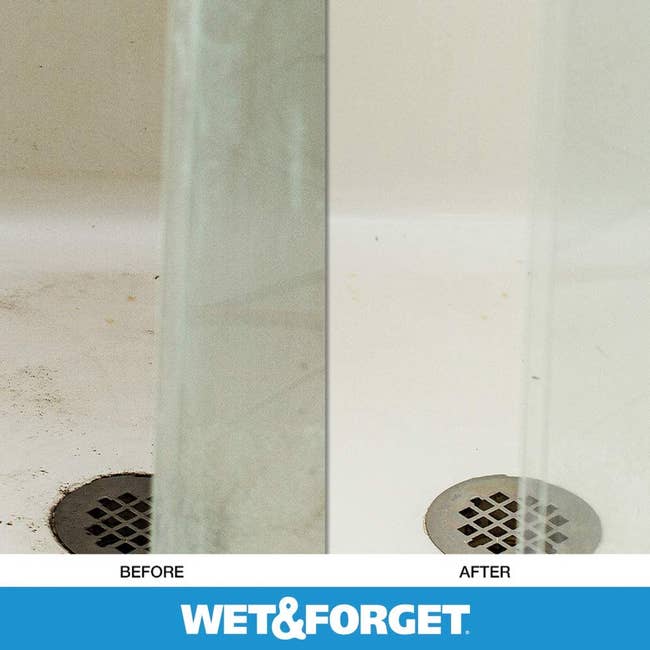 a before and after photo for wet and forget shower cleaner