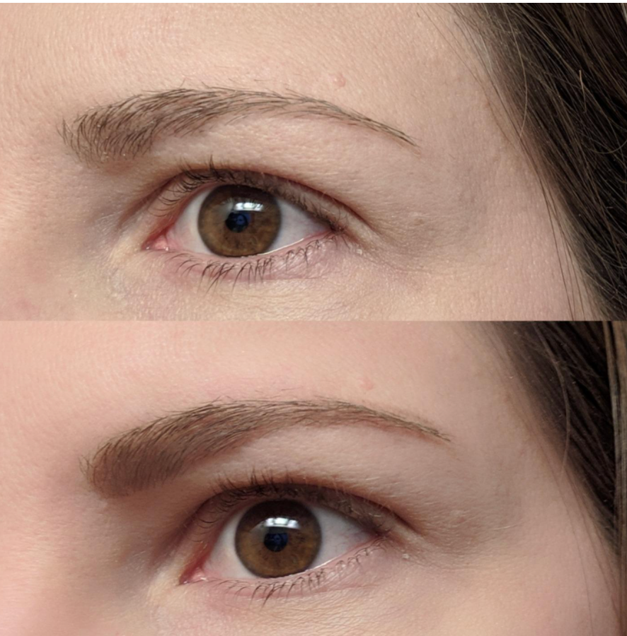 A reviewer with one eyebrow natural and the other eyebrow filled in and brushed 