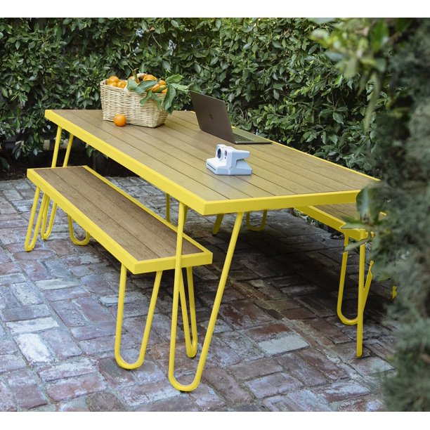 old fashioned wooden picnic tables