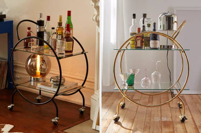 Two images of black and gold round bar carts