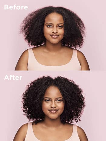 before and after of a model's hair without and then with the hair mask