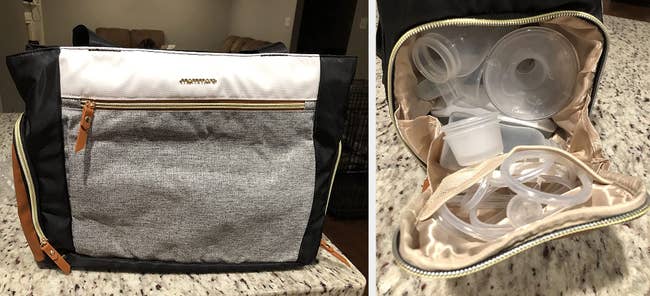 Two reviewer images of the gray bag and contents inside