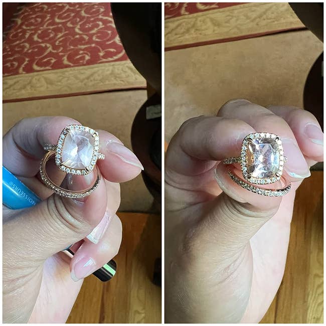 A before and after of the reviewer's's engagement ring cleaned with the brush