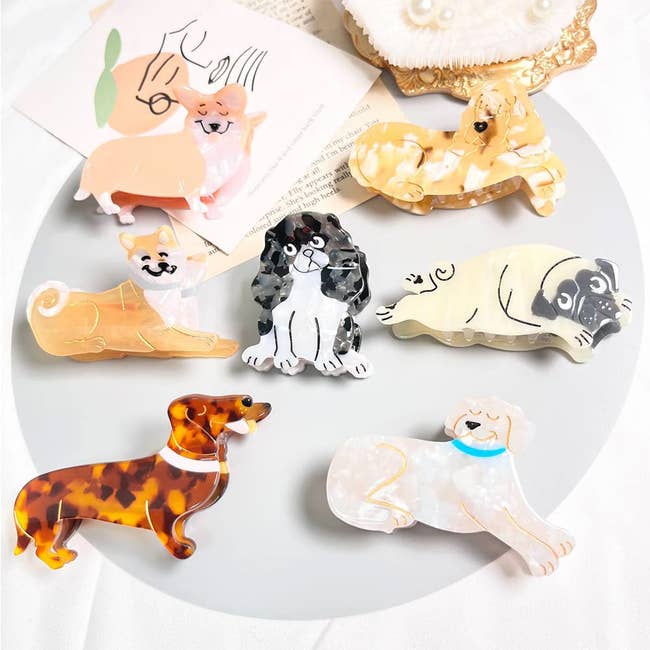seven acetate hair clips that look like different dogs including a corgi, shiba inu, and spaniel