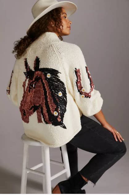 sweater with horse with hair in its mane on the back