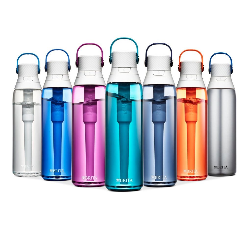 the water bottles in clear, blue, purple, blue, and orange