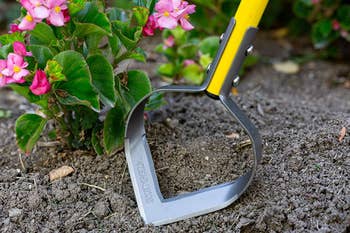 the blade of a weed removal tool with a v shaped blade and open middle
