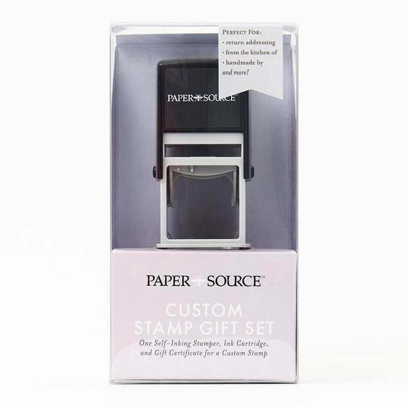 Package of Paper Source custom stamp gift set with self-inking stamper, ink cartridge, and gift certificate