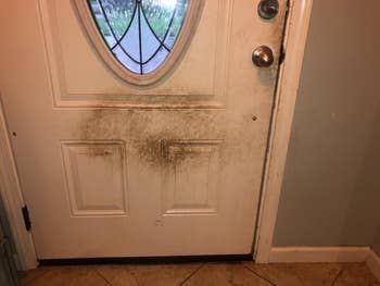 a white door with a large and dark brown stain in the center