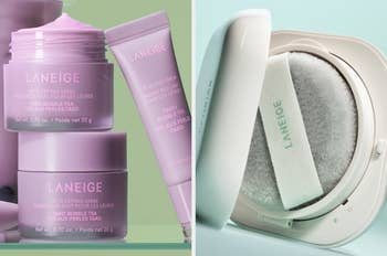 Laneige articulator and look products including a sleeping mask, glowy balm, and cushion compact shown successful stylish packaging