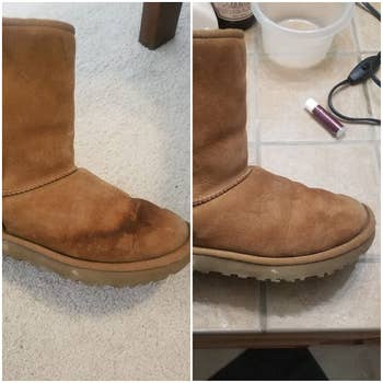a before and after of a reviewer's pair of uggs