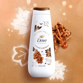 Dove Limited Edition Pecan Crunch assemblage  lavation  vessel  with pecan and caramel representation  connected  a decorated surface