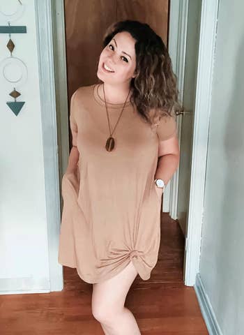 A customer review photo of the T-shirt dress in coffee