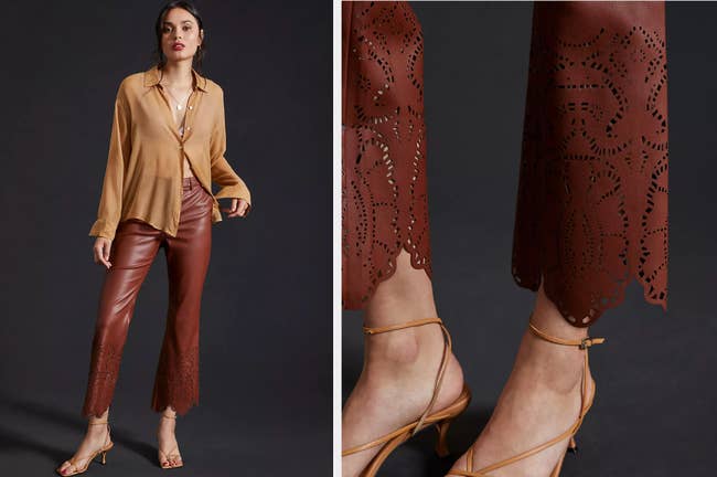 Model wearing brown wide-leg faux leather pants with a laser cut pattern on the bottom hemline paired with a tan blouse, closeup up of bottom portion of product with vintage-pattern