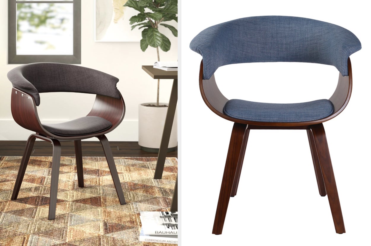 Brown and gray rounded chair with four wooden legs on an abstract rug, front view of product in blue