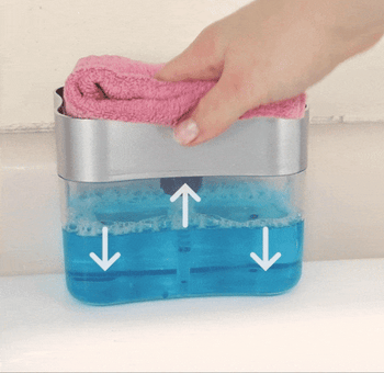 gif showing hand pressing cloth onto dispenser to push soap onto it