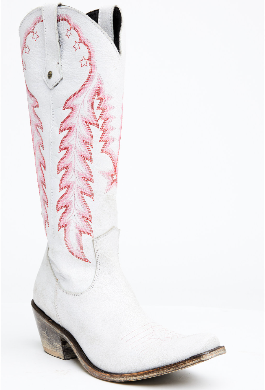 White cowboy boot with pink stars and embroidery