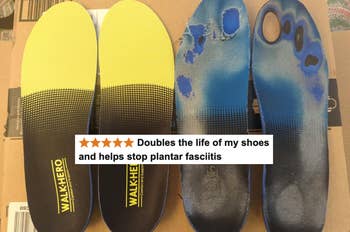 Two pairs of WalkHero insoles, 1 brand-new yellowish and black, the different bluish and worn down aft six months of use, with a five-star reappraisal stating they widen footwear beingness and alleviate plantar fasciitis