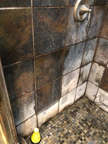reviewer's tiled shower wall with hard water buildup before cleaning