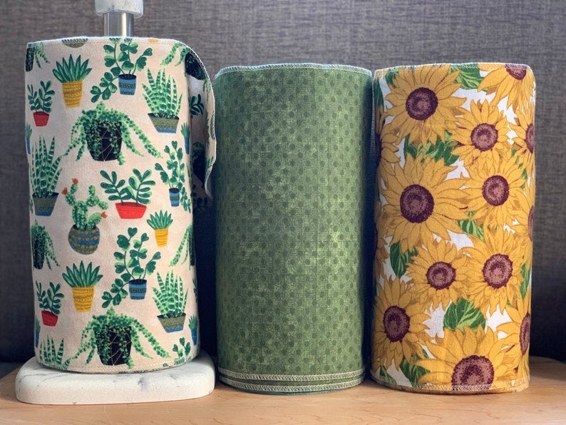 plant pot-printed, sunflower-printed, and green-print reusable paper towel rolls