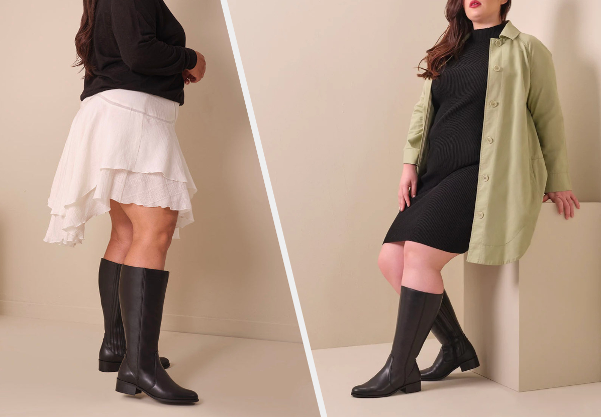 Two images of models wearing black boots